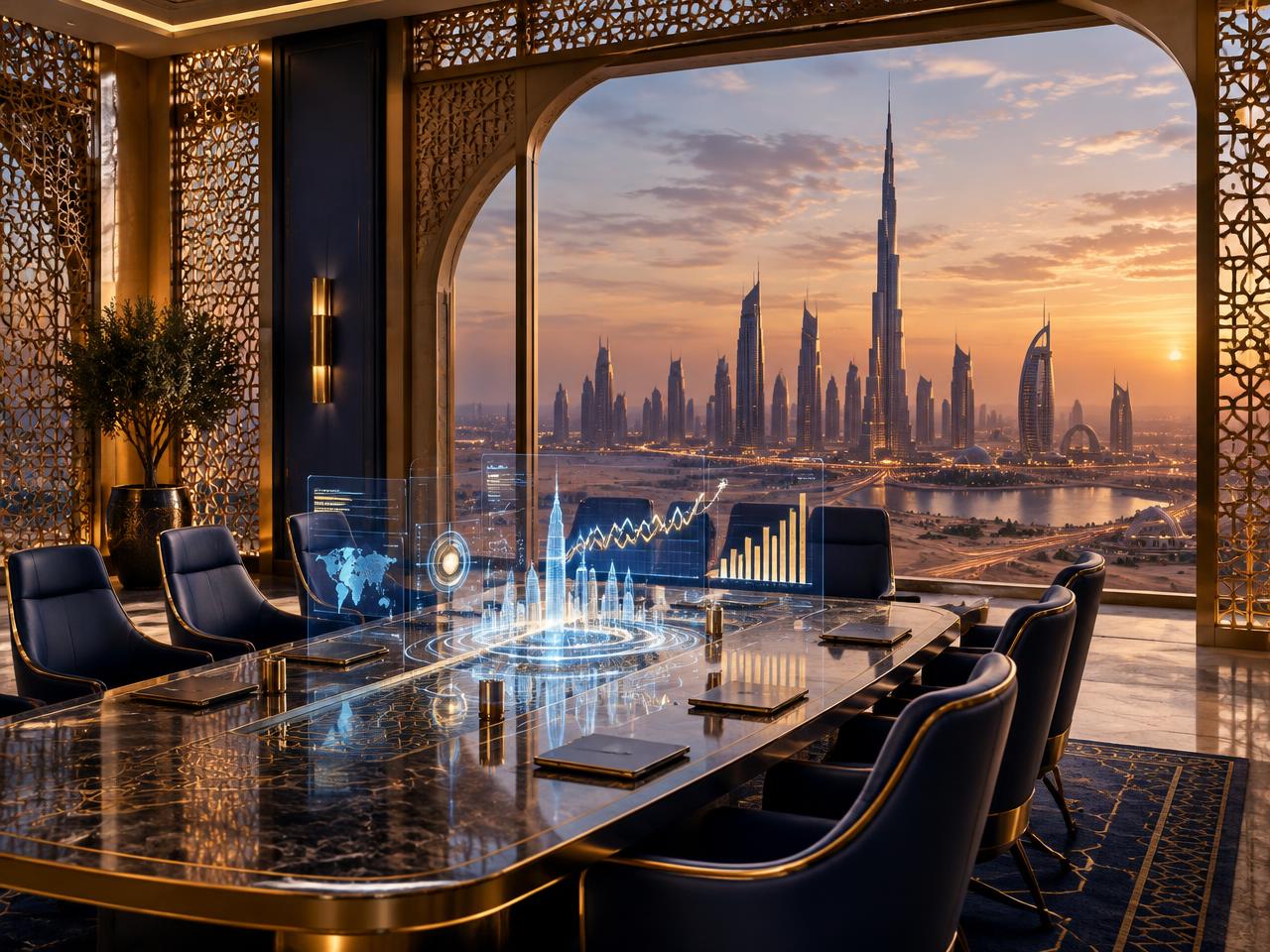 Boardroom overlooking a desert skyline with data visualizations
