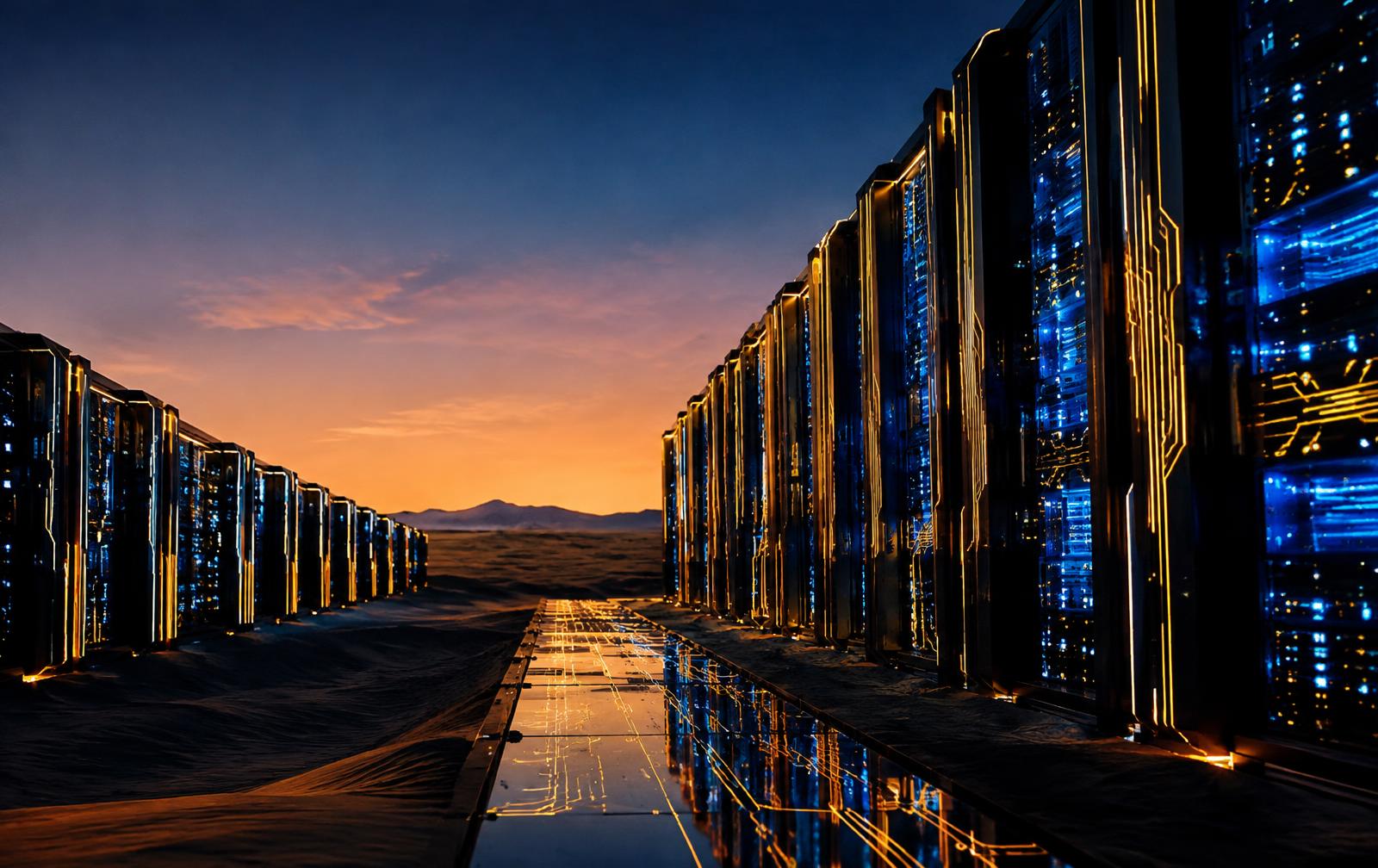 Data center in the desert at dusk