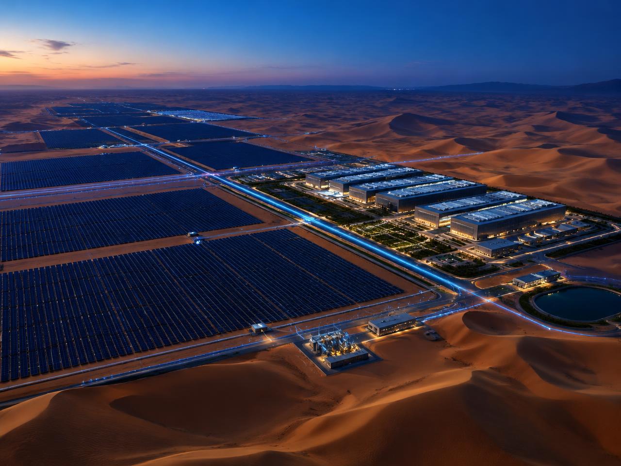 Desert solar field powering a data center campus