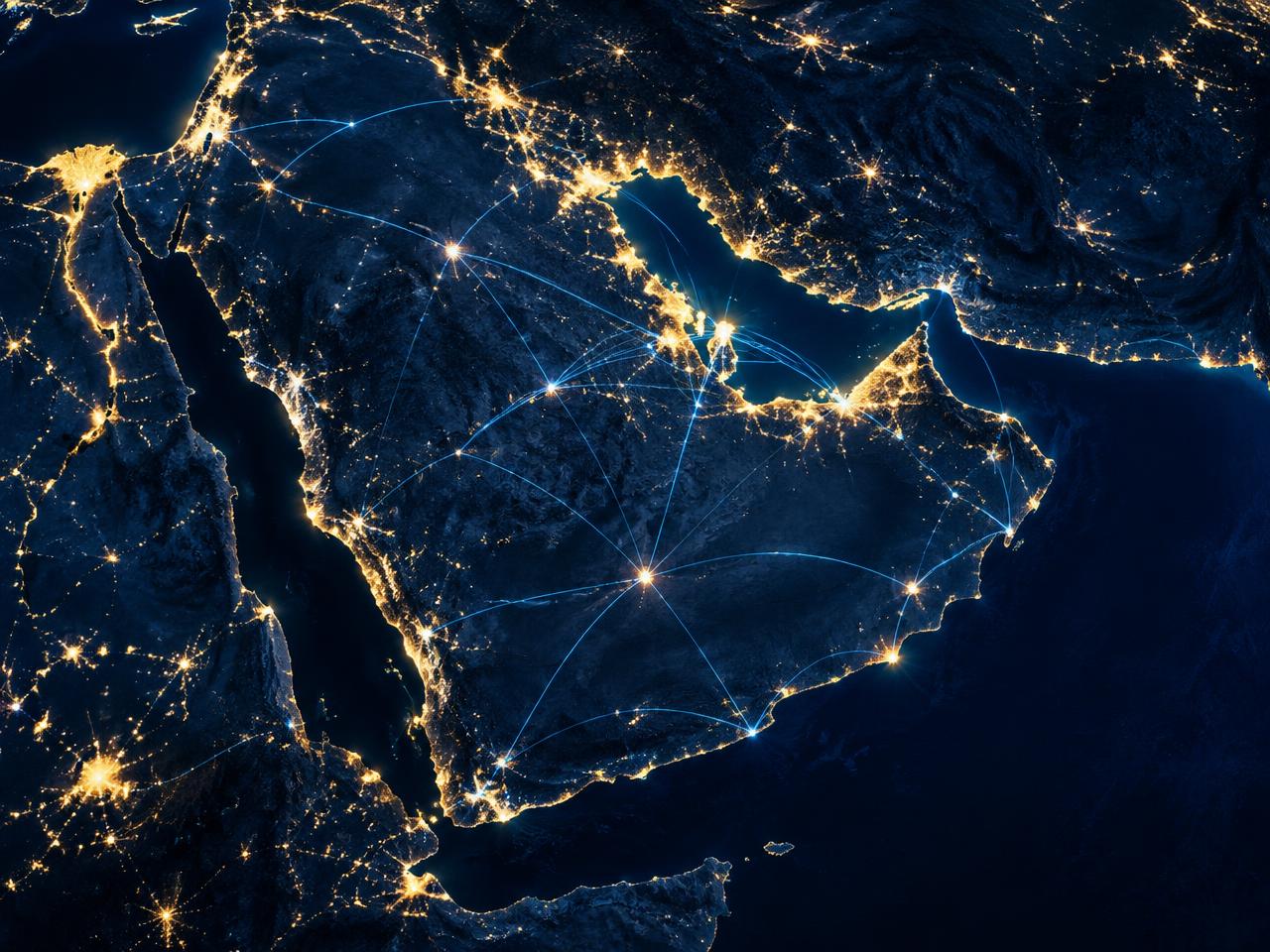 Gulf region at night connected by data arcs